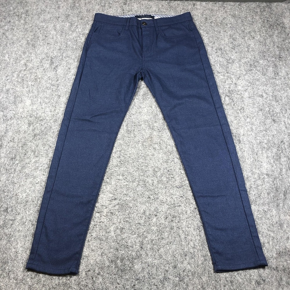 Zara Man Pants Mens 30x30 Blue Geometric Slim Chino Tapered 5 Pocket Casual